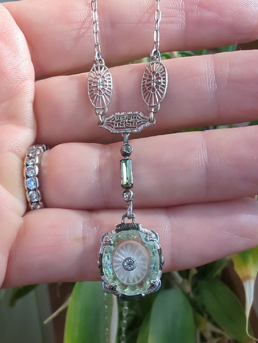 Louis J. Vetter Antique Sterling Camphor Glass & Diamond Pendant/Necklace 16"